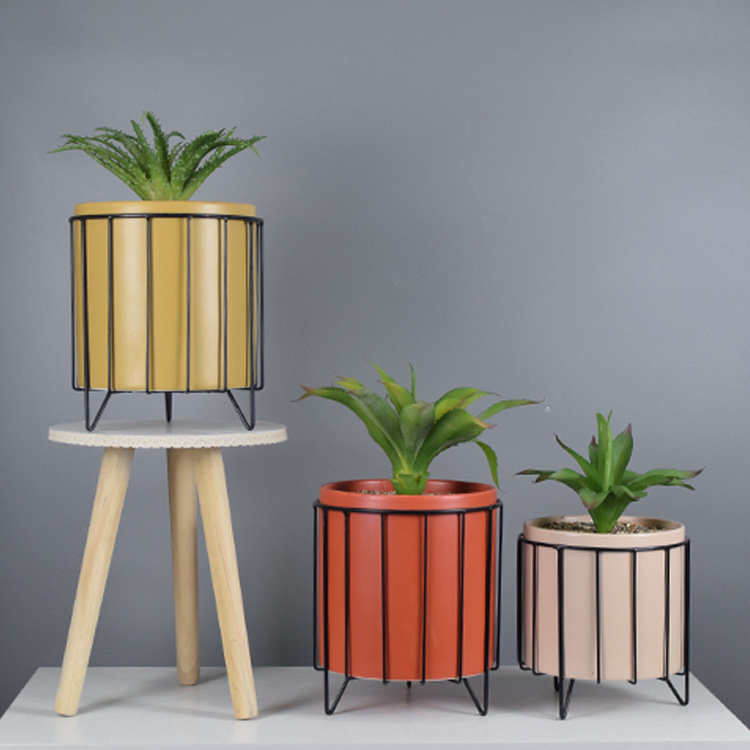 Nordic style ceramic planter with iron stand - photo 1
