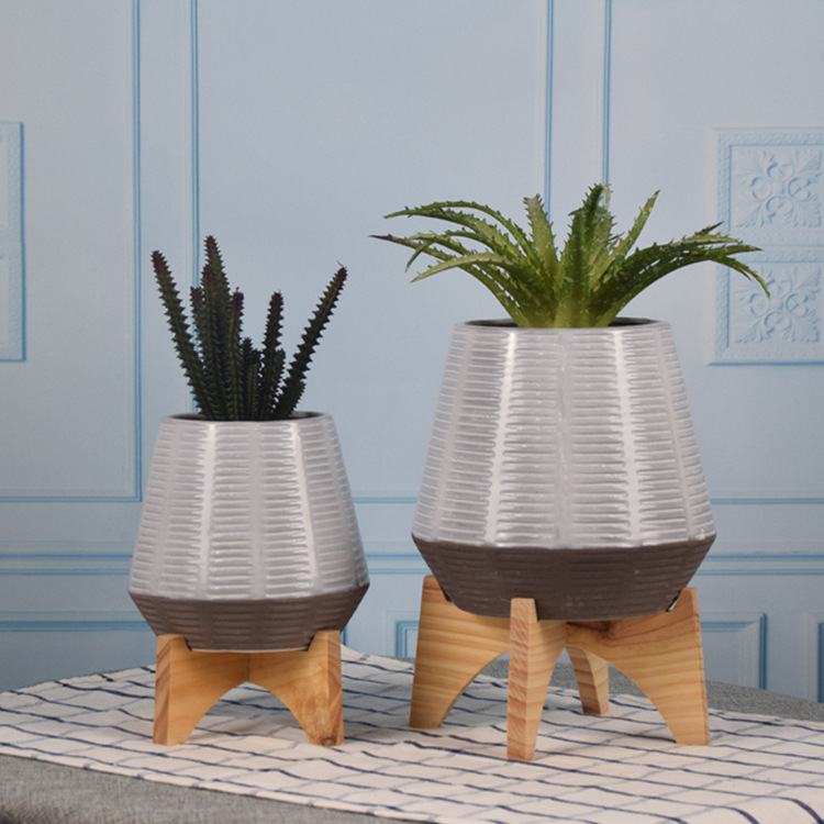 Modern glazed ceramic flower pots indoor with wooden stand - photo 1