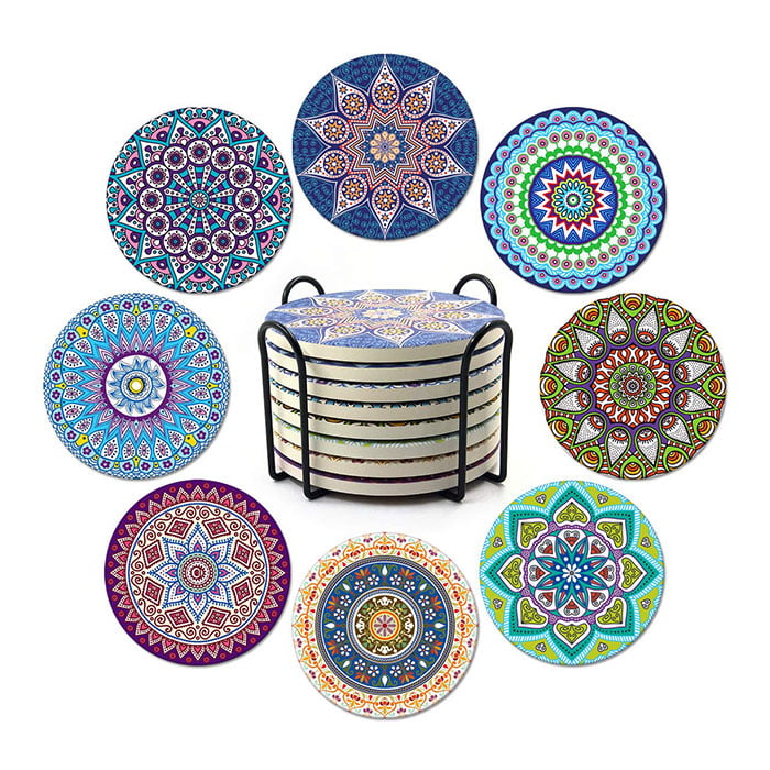 Shinny mandala style set of 8 ceramic coaster set - photo 1