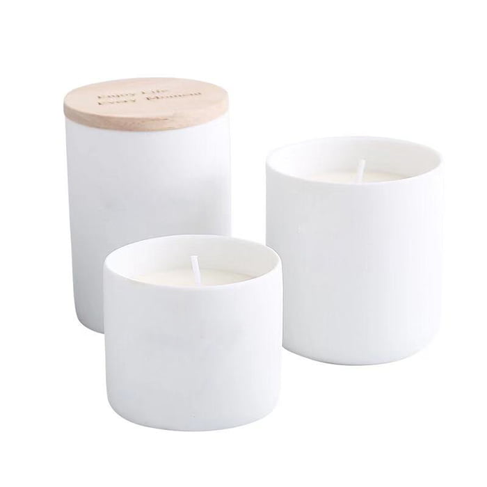 White frosted porcelain candle tin jar with wooden lid - photo 1