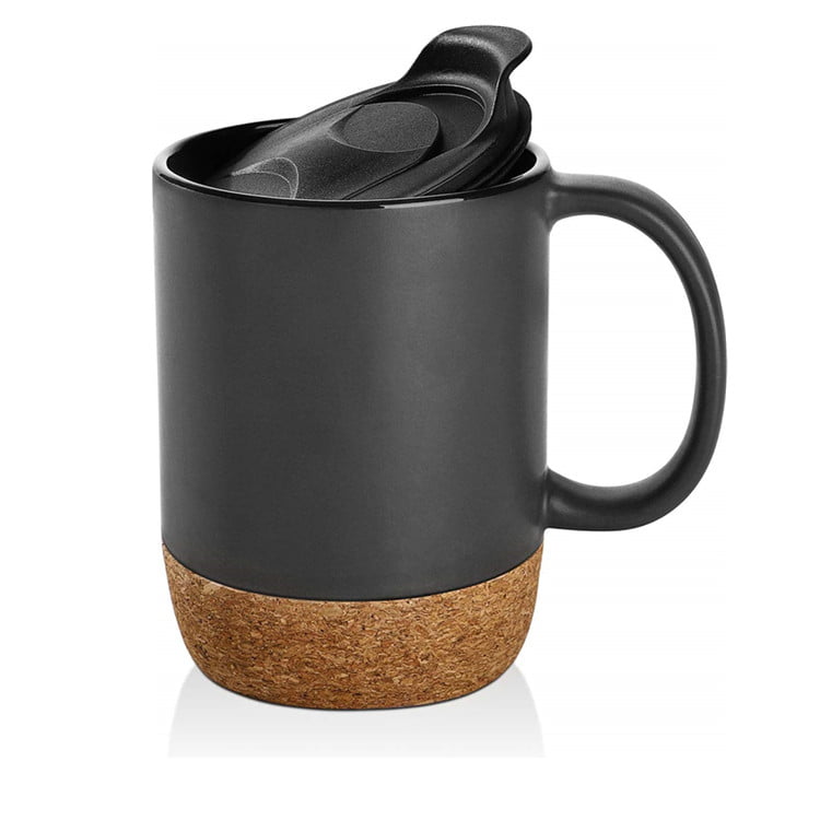 Matte black ceramic mug with built in cork coaster