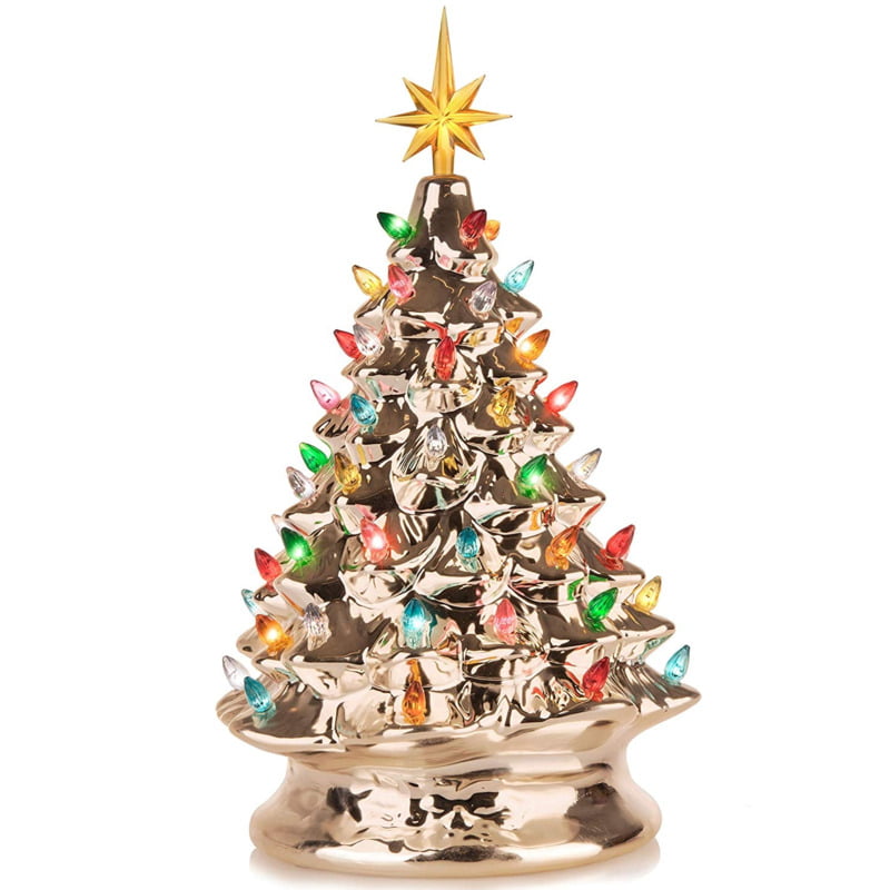Electroplated gold ceramic christmas tree with led lights
