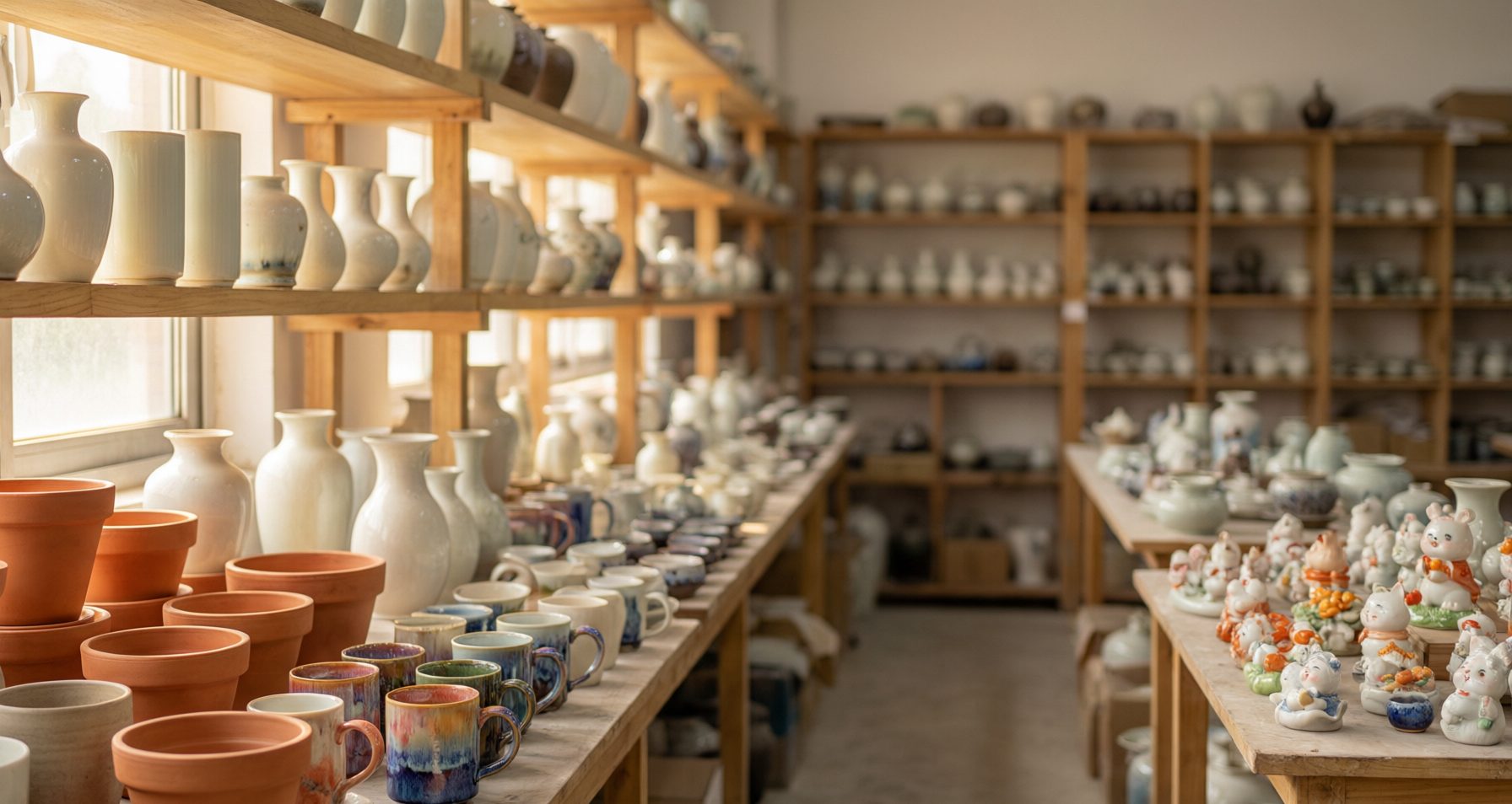 ZenithCeramic workshop showroom with wholesale ceramic mugs, vases and planters